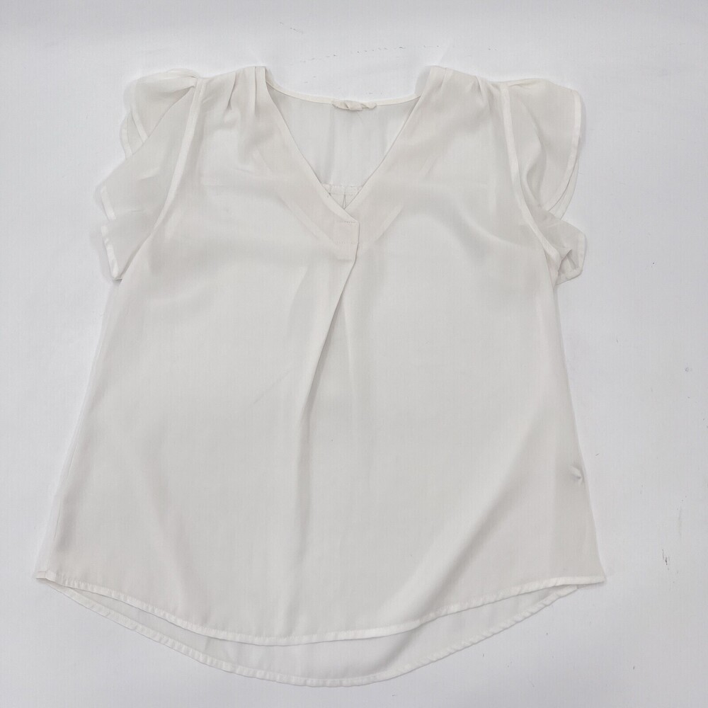 Mine Shirt Womens Large Ivory Blouse Ruffle Short Sleeve V-Neck Pullover